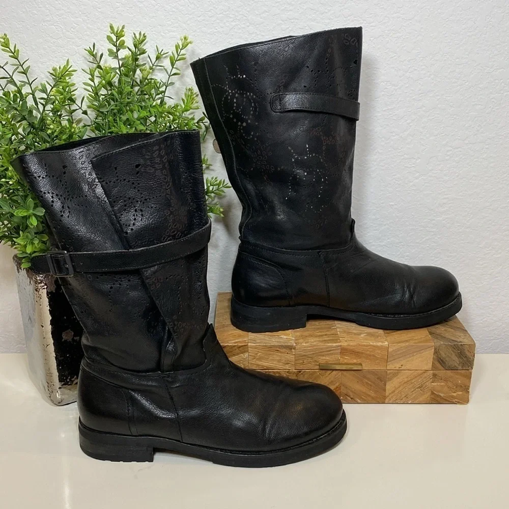 BACIO 61 Black Perforated Leather Prolisso Motorcycle Biker Boots‎ Size 8 - Picture 3 of 15